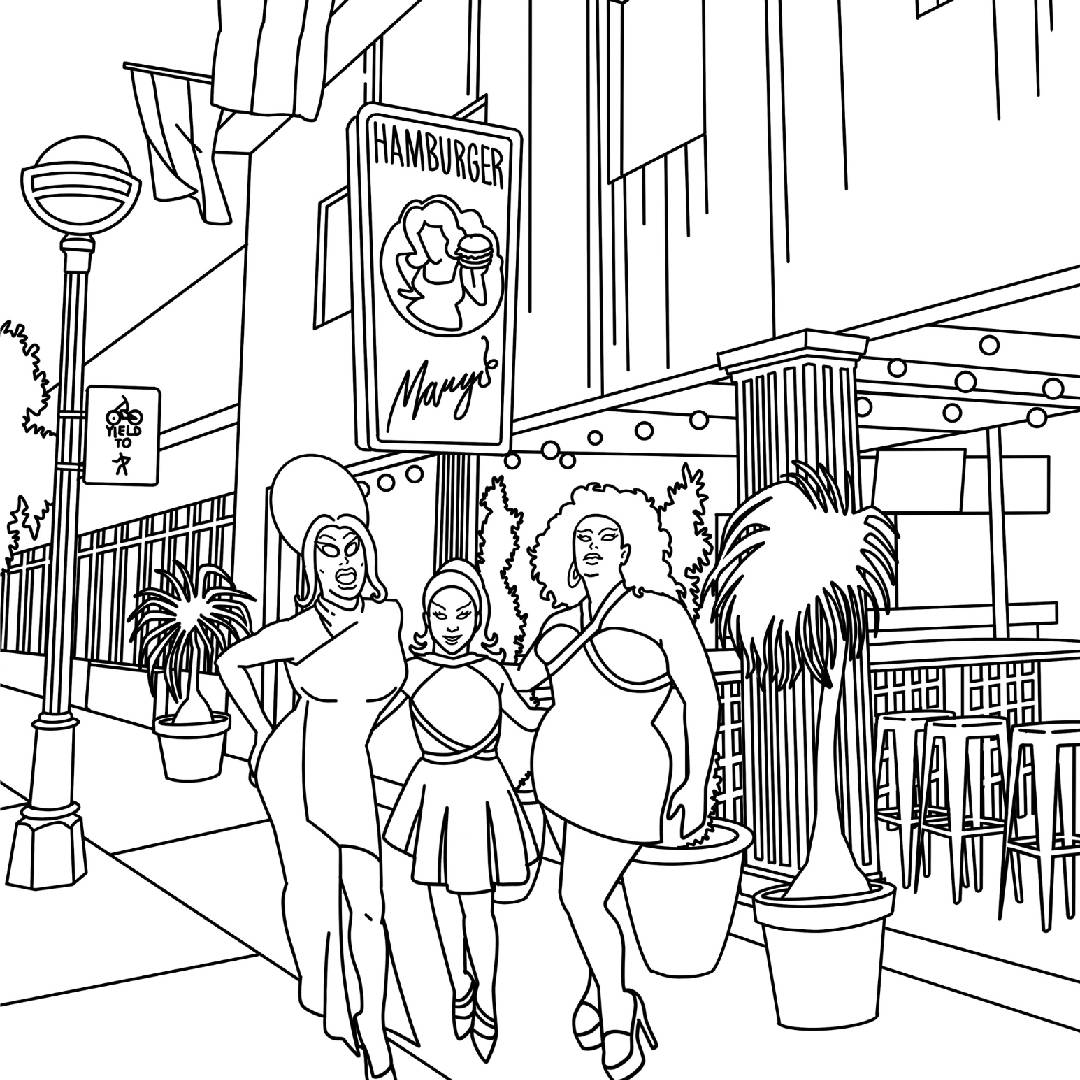 Exterior of Hamburger Mary's with some colorful characters outside