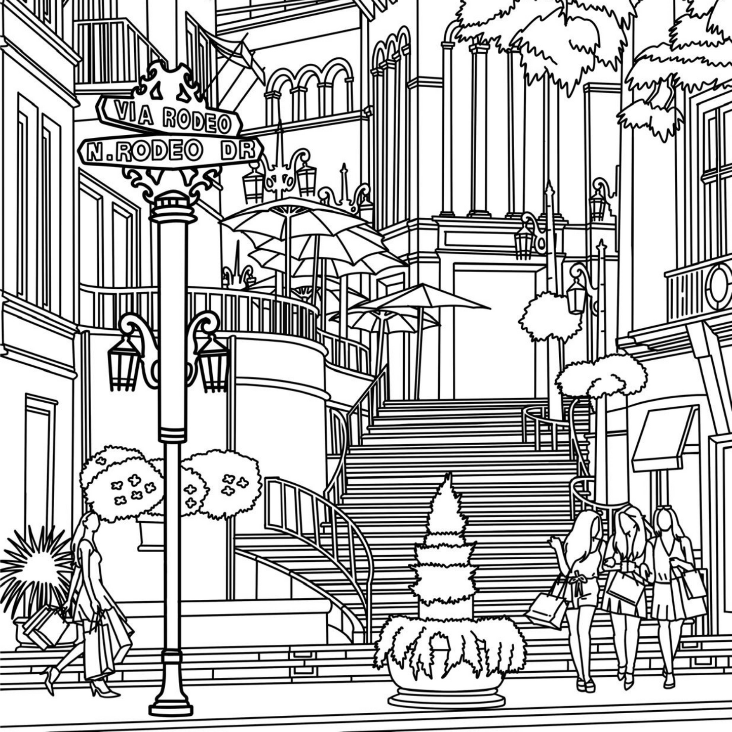 Black and white illustration of a city street scene with buildings, people, and street signs.