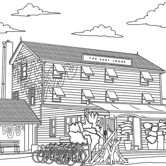 Black and white line art illustration of a building labeled 'THE SURF LODGE' with awnings, bicycles, trees, and clouds, shown as a coloring-page style scene.