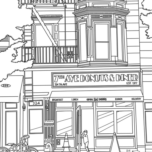 Illustration of a donut shop named '7 Ave Donuts & Diner' with a bicycle and pedestrian on a city street.