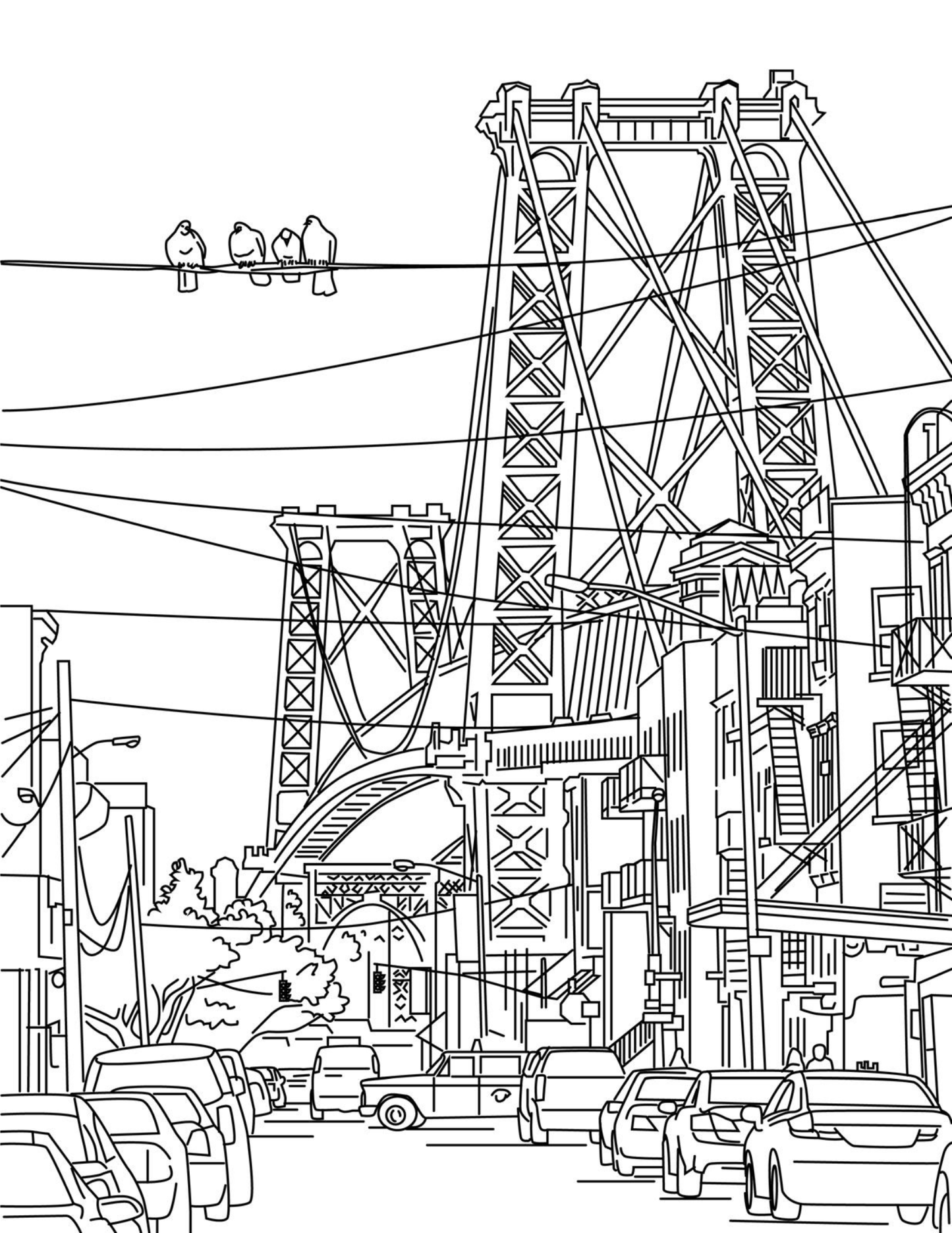 Black and white outline of the W'burg Bridge
