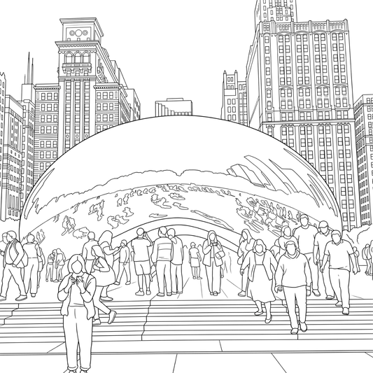 Black and white line art illustration of the Chicago Bean sculpture in Millennium Park.