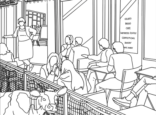 Joan’s on Third: A Very LA Coloring Page (Yes, That’s a Cow on the Sidewalk)