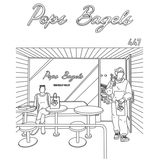 Black-and-white coloring illustration of Pop’s Bagels in Beverly Hills, with outdoor tables and two people.