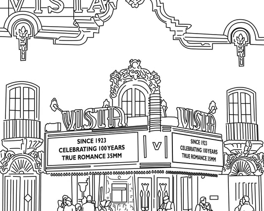 Vista Theatre in Los Feliz: A 100-Year Movie Night Coloring Page - Local Color Shop