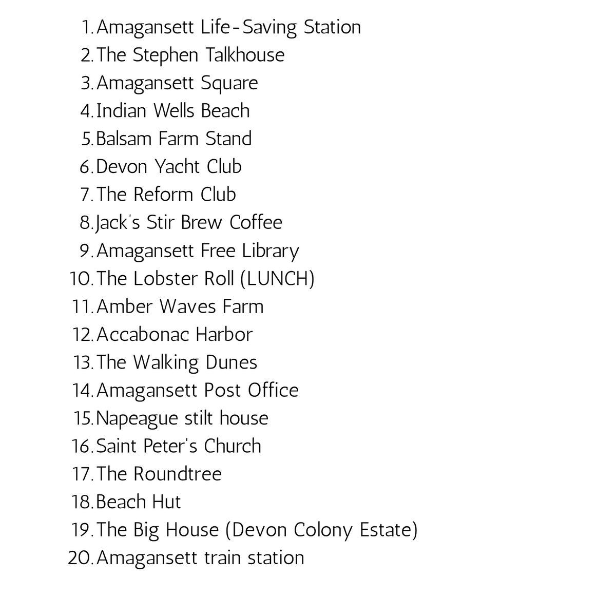 Table of contents listing the 20 scenes in the Amagansett Coloring Book
