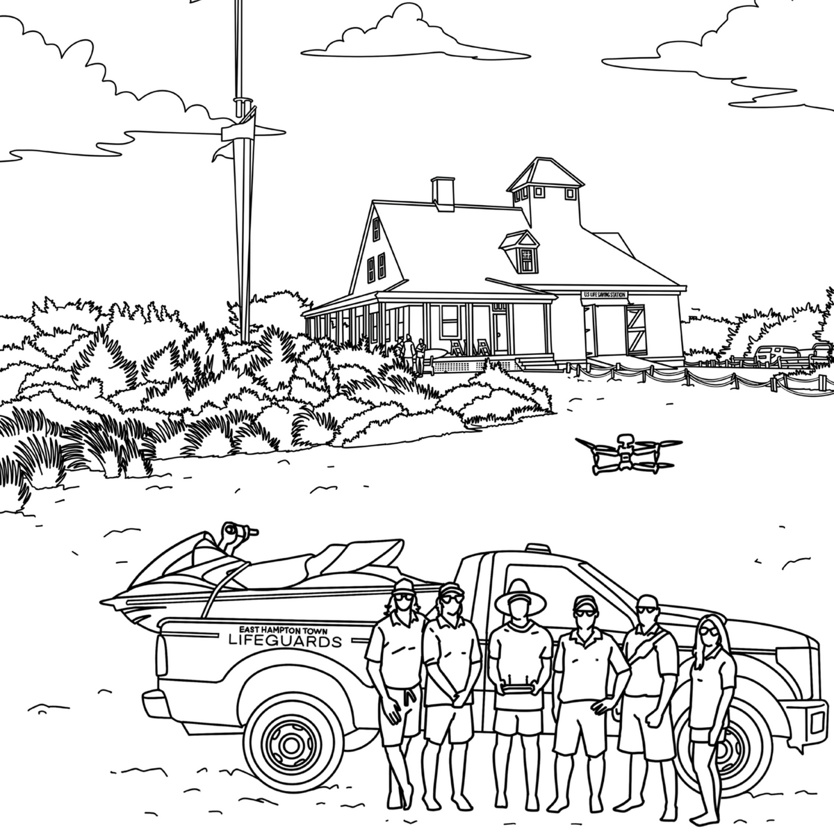 Black-and-white Amagansett Life-Saving Station coloring page with lifeguards and a rescue truck