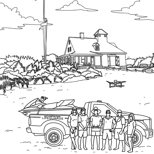 Black-and-white Amagansett Life-Saving Station coloring page with lifeguards and a rescue truck