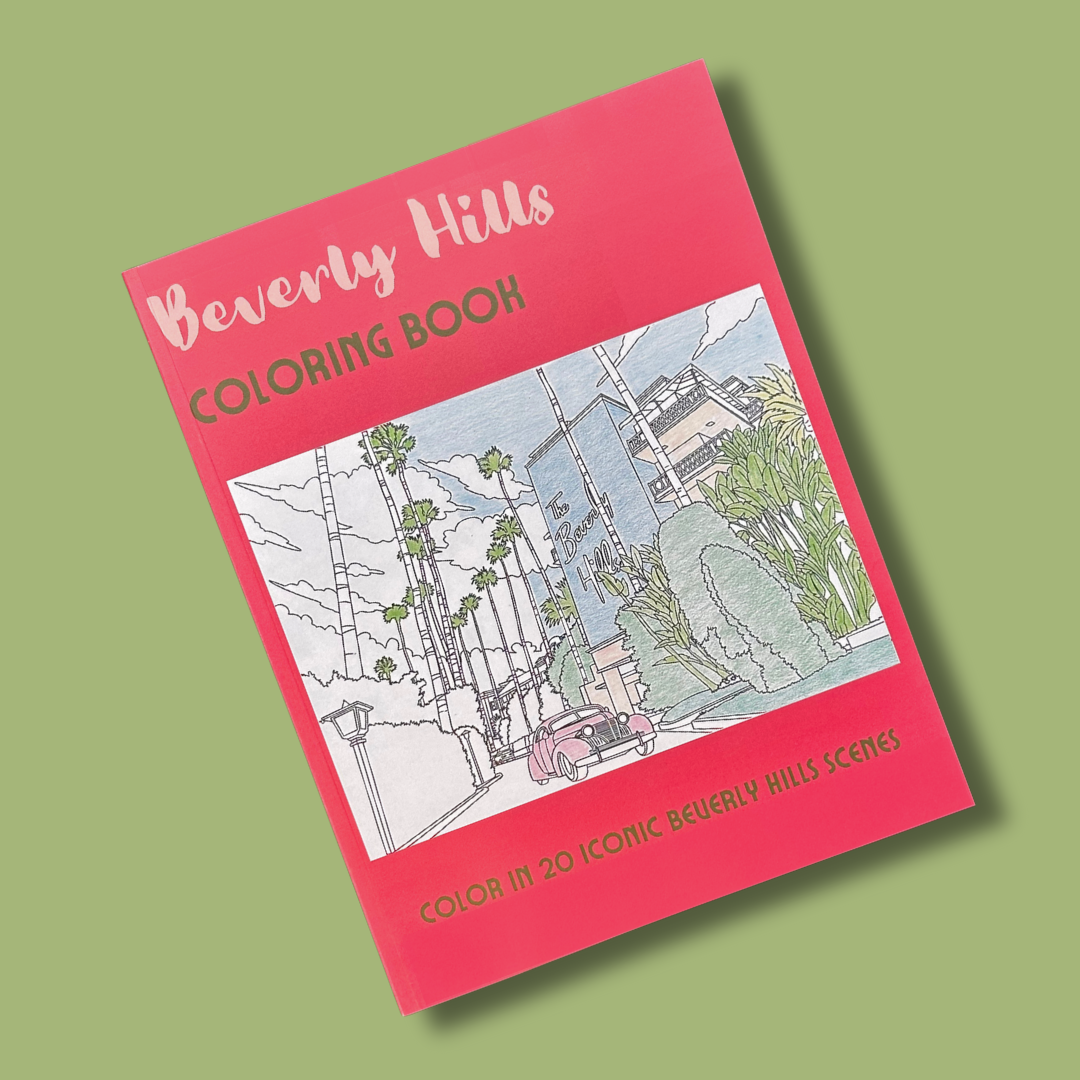 Beverly Hills coloring book cover on a green background.