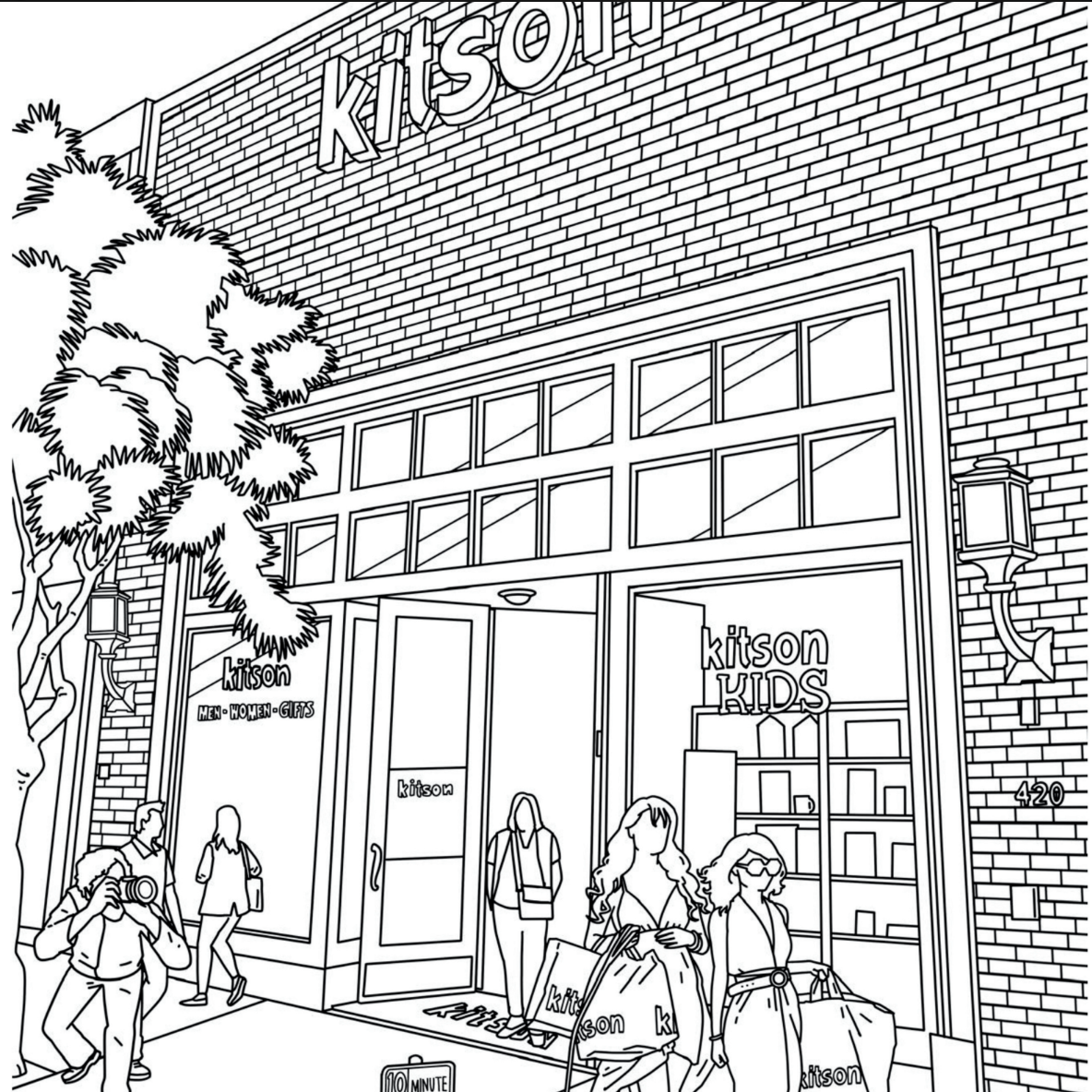 Black and white line art illustration of a storefront named Kitson Kids, showing a brick facade, large windows, and several people walking in front with shopping bags.