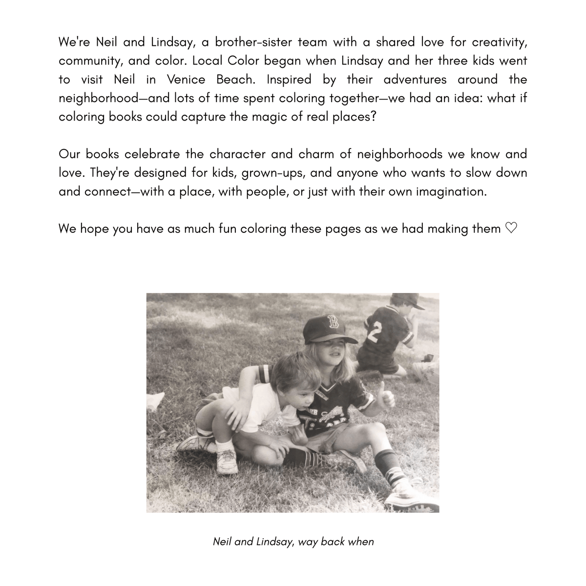 A printed page titled 'About Local Color' with paragraphs and a black-and-white photo near the bottom showing two children.