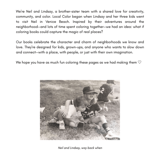 A printed page titled 'About Local Color' with paragraphs and a black-and-white photo near the bottom showing two children.