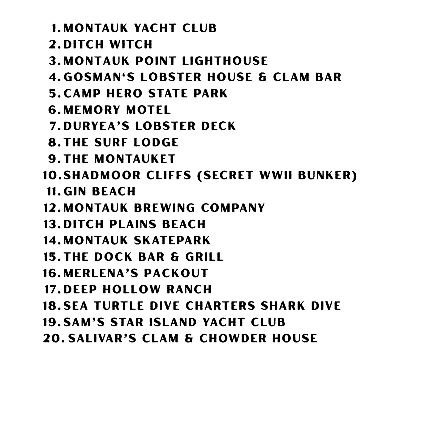 A black-and-white page titled 'MONTAUK COLORING BOOK' listing 20 place names and landmarks for Montauk, such as Ditch Witch, Gin Beach, and various hotels and parks, printed on a white background.