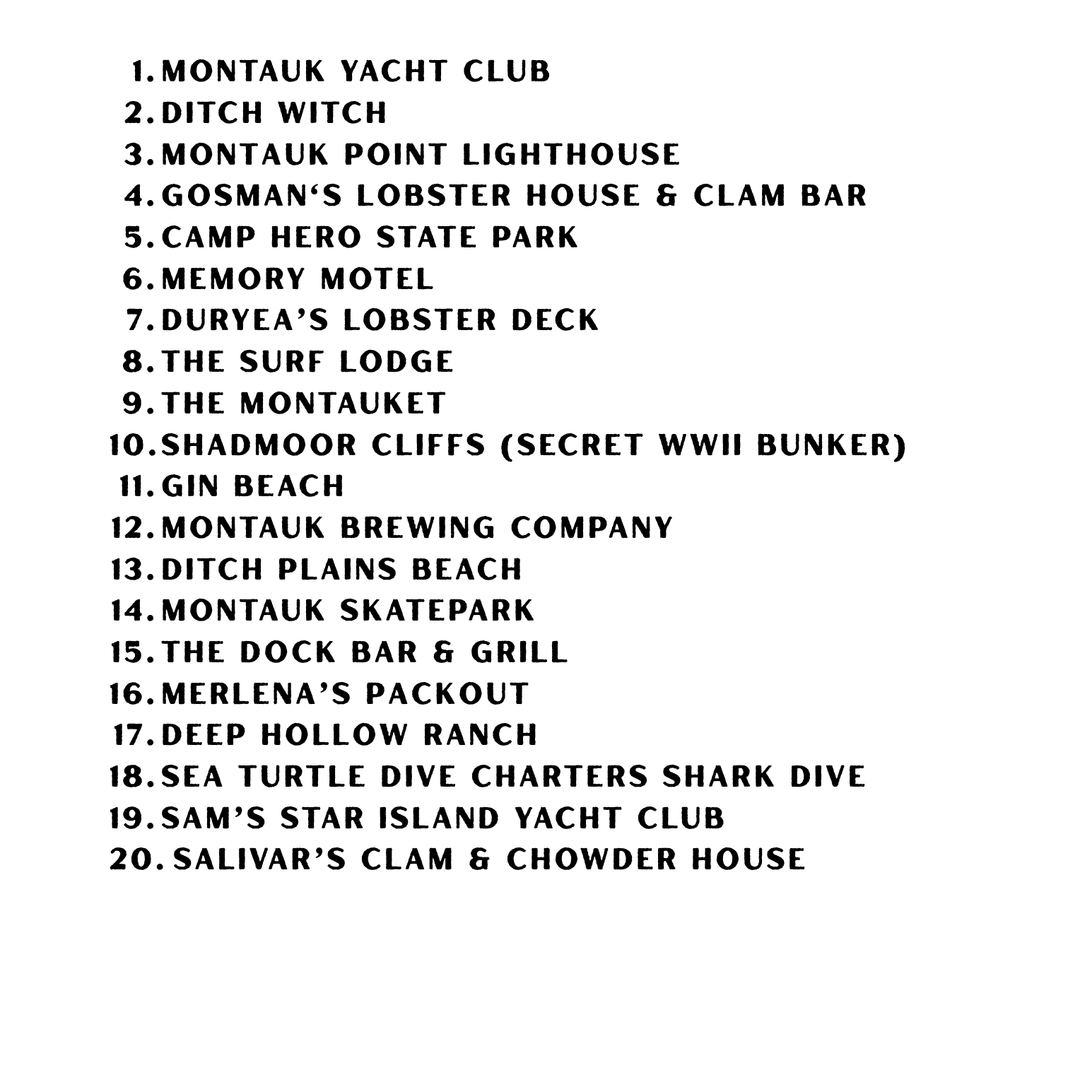 A black-and-white page titled 'MONTAUK COLORING BOOK' listing 20 place names and landmarks for Montauk, such as Ditch Witch, Gin Beach, and various hotels and parks, printed on a white background.