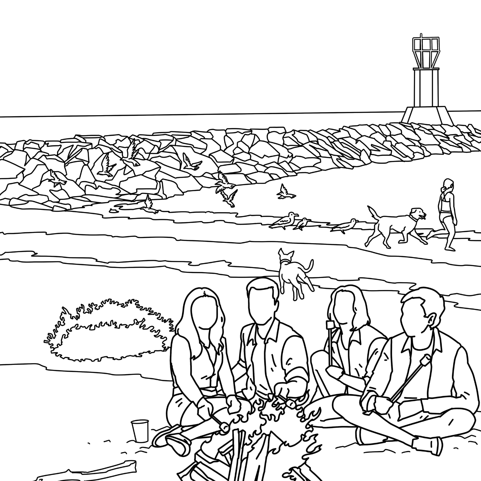 Black and white line art illustration of a beach scene with people sitting by a campfire, dogs on the beach, a rocky shoreline, and a lighthouse in the background.