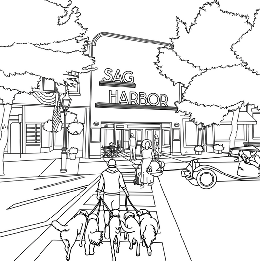 Sag Harbor Cinema coloring page with a dog walker crossing the street