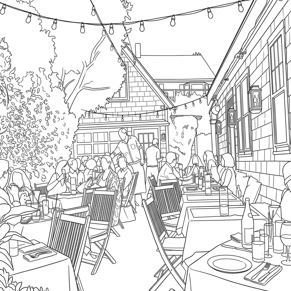 Sag Harbor coloring page featuring an outdoor restaurant patio with string lights