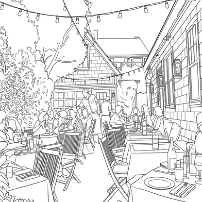 Sag Harbor coloring page featuring an outdoor restaurant patio with string lights