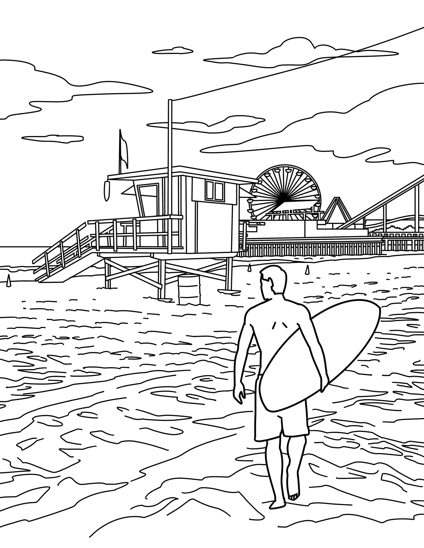 Santa Monica Pier coloring book page with surfer on the beach