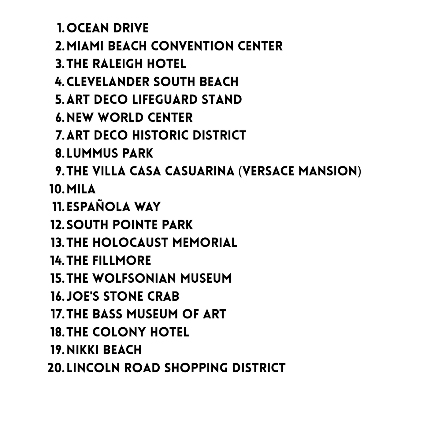 A black and white list titled 'SOUTH BEACH COLORING BOOK' with 20 destination names printed in black text on a white background.