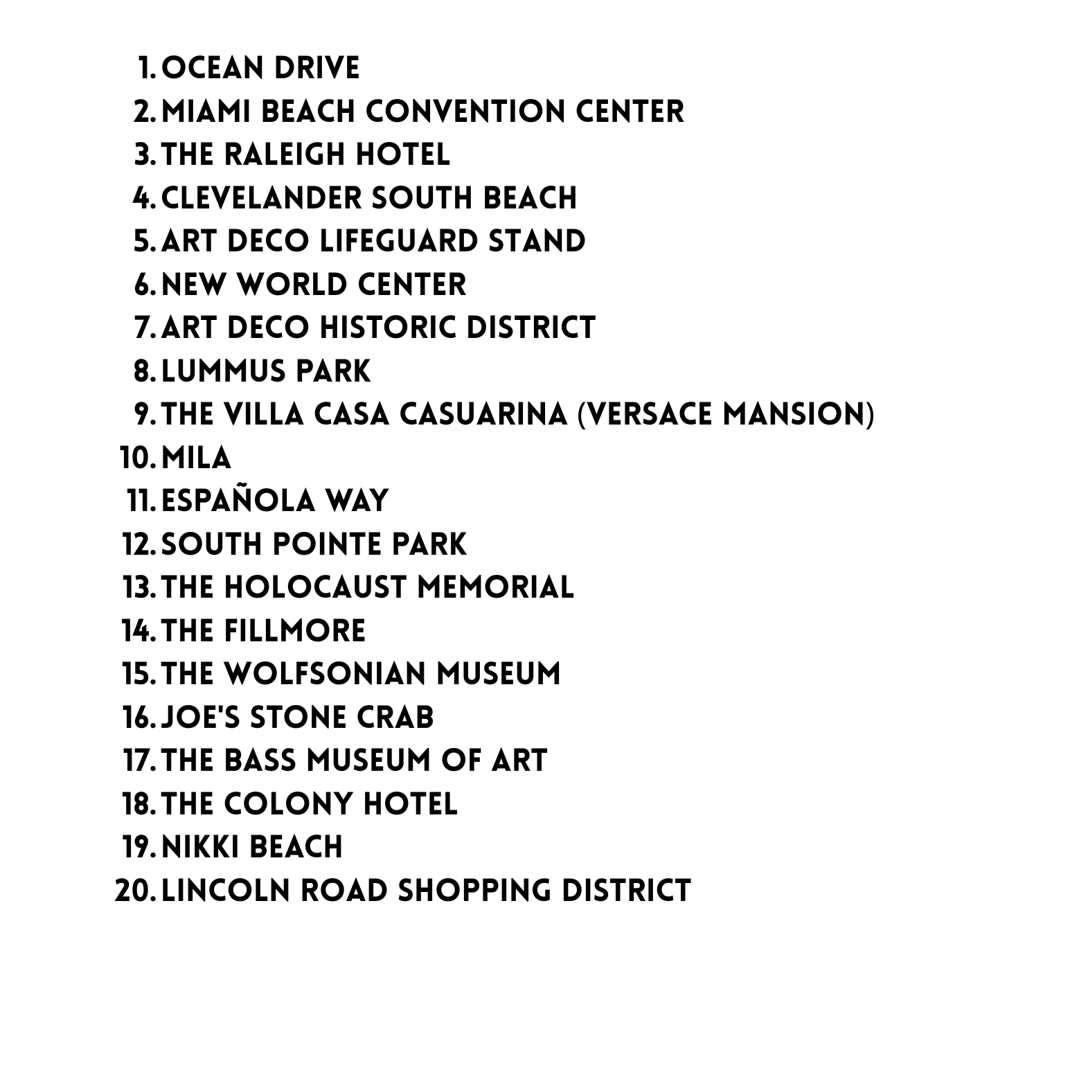 A black and white list titled 'SOUTH BEACH COLORING BOOK' with 20 destination names printed in black text on a white background.