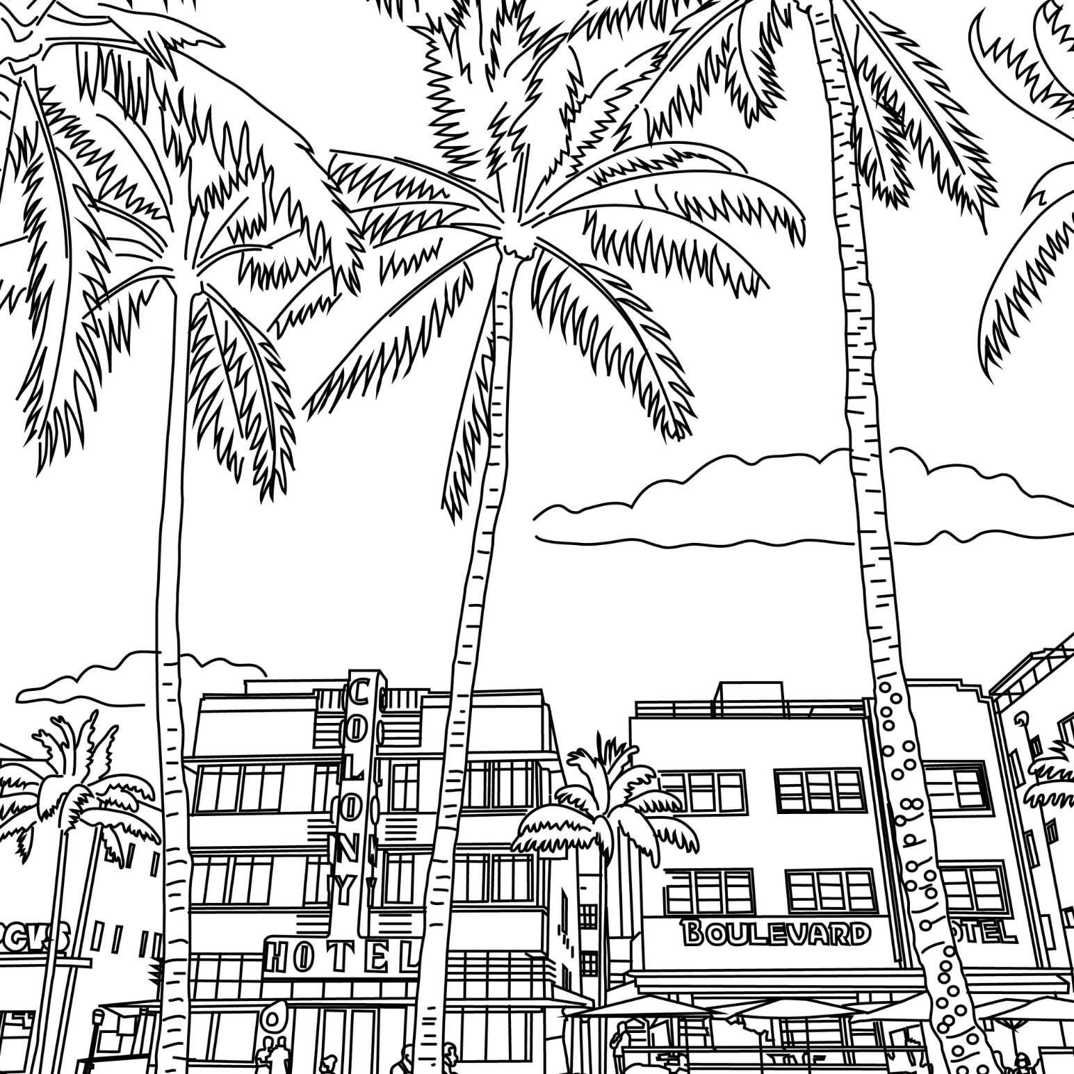 Black and white line art illustration of a beachfront street scene with tall palm trees, Art Deco style buildings, and small figures of people walking along the sidewalk.