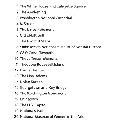 A black-and-white page titled 'Washington DC Coloring Book' with a numbered list of 20 Washington DC landmarks and historical sites, likely the cover or interior page of a coloring book.