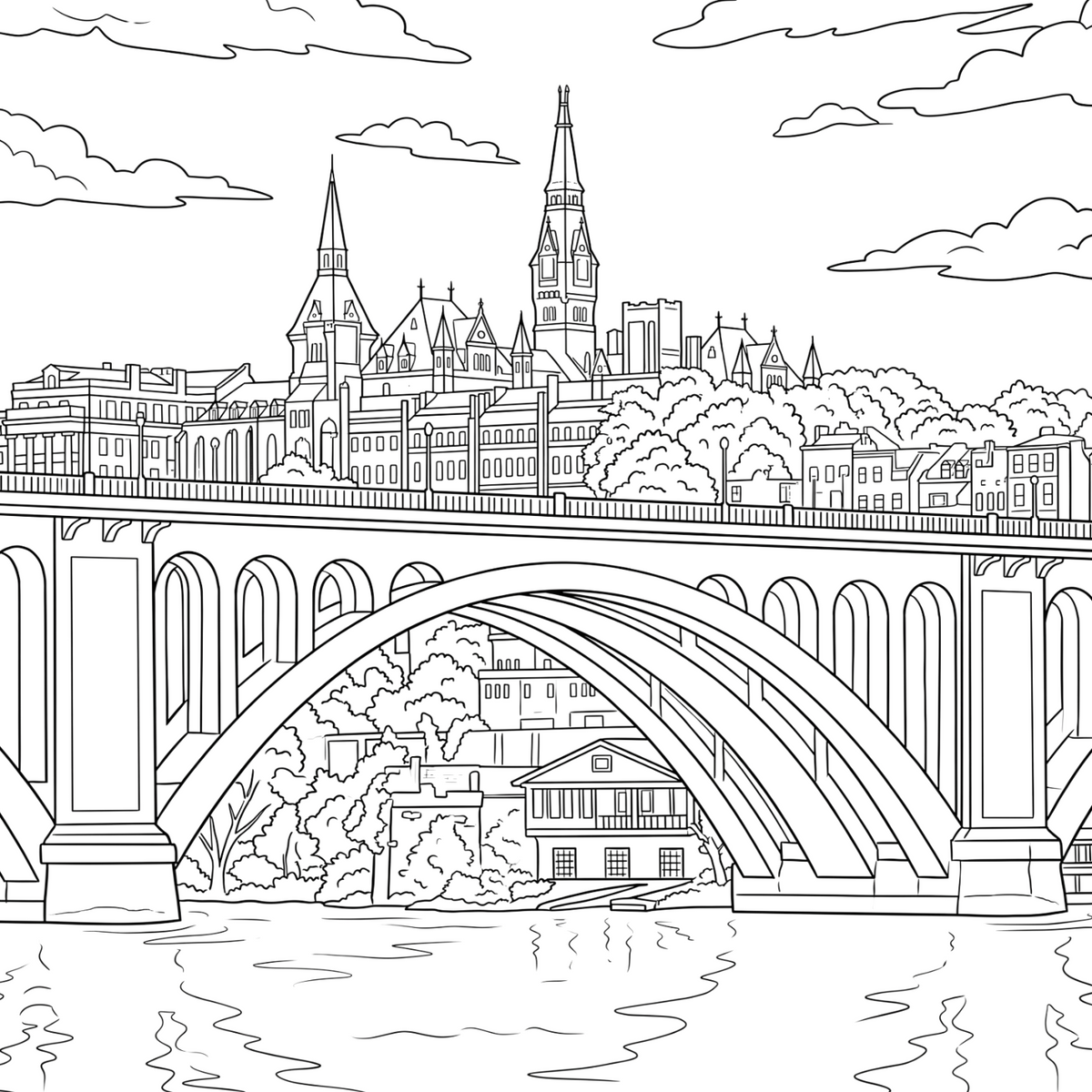 Black and white line art illustration of a city skyline with a large arched bridge over water, trees, buildings, and clouds.