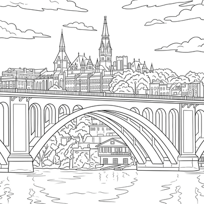 Black and white line art illustration of a city skyline with a large arched bridge over water, trees, buildings, and clouds.