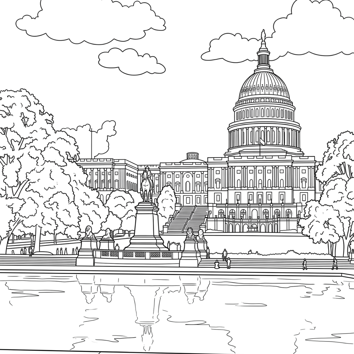 Black and white line art illustration of the US Capitol building with trees, clouds, a statue, and a reflective foreground, shown as a clean graphic.