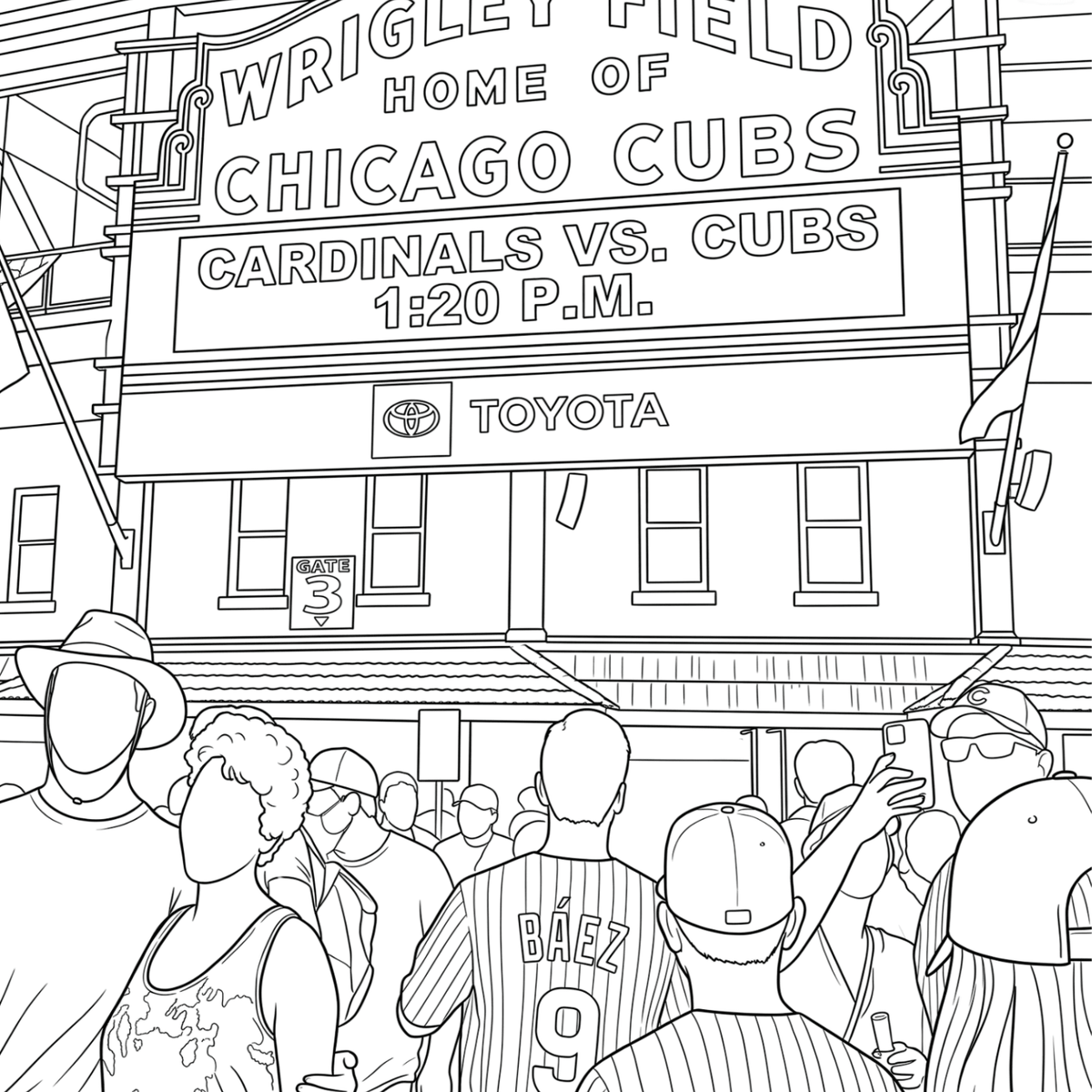 Black and white line art illustration of Wrigley Field with the Chicago Cubs marquee, and crowd of fans in the foreground,.