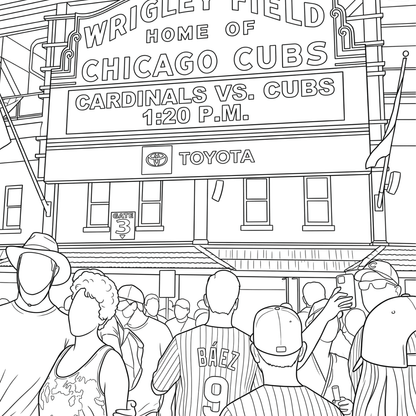Black and white line art illustration of Wrigley Field with the Chicago Cubs marquee, and crowd of fans in the foreground,.