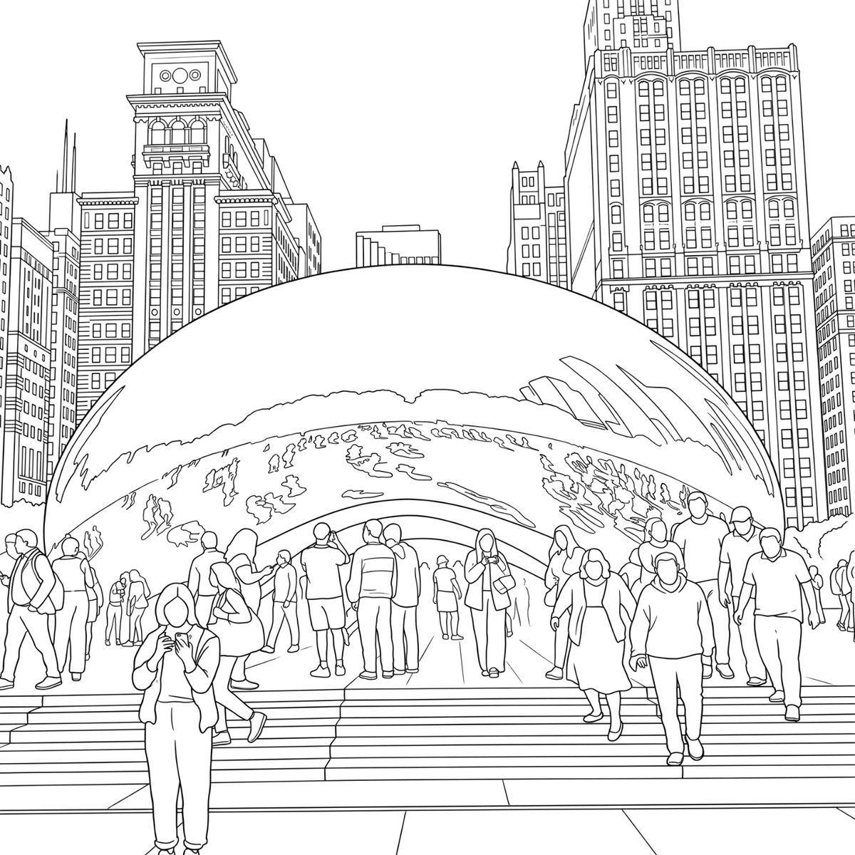 Black and white line art illustration of the Chicago Bean sculpture in Millennium Park.