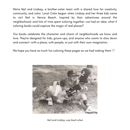 A printed page titled 'About Local Color' with paragraphs of black text on a white page and a small black-and-white photo.