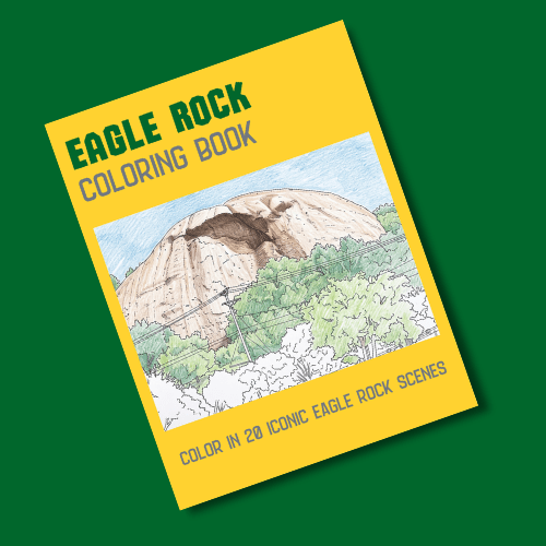 Eagle Rock Coloring Book cover against a forest green background