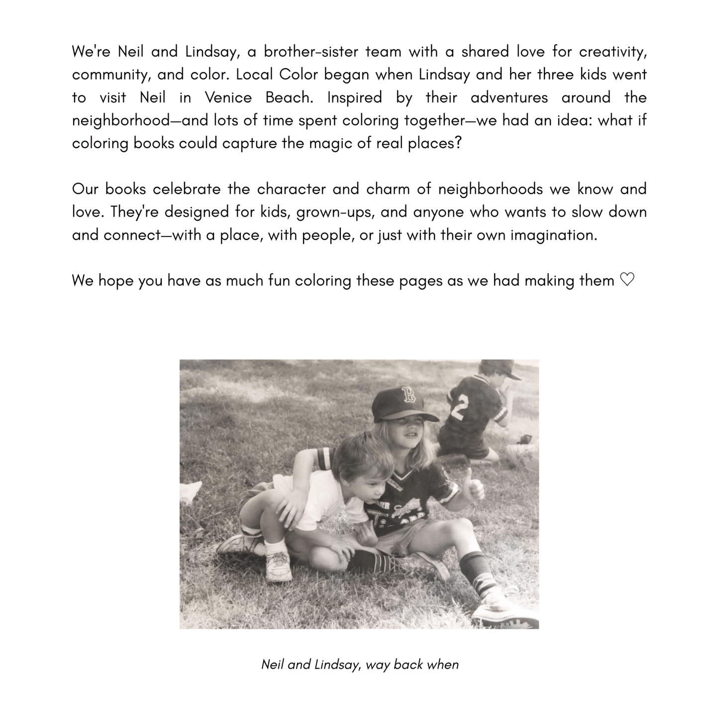 A printed page titled 'About Local Color' with paragraphs and a black-and-white photo near the bottom showing two children.