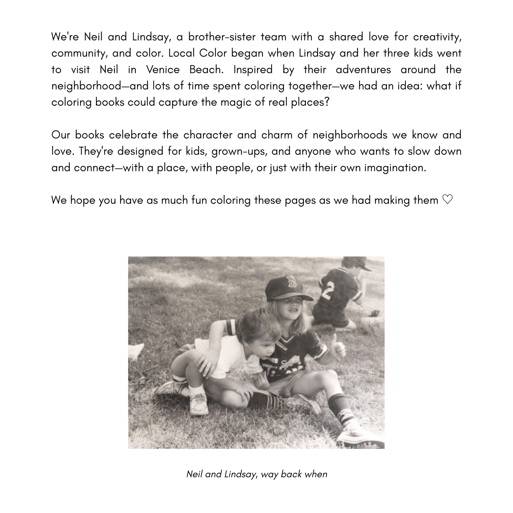 A printed page titled 'About Local Color' with paragraphs and a black-and-white photo near the bottom showing two children.
